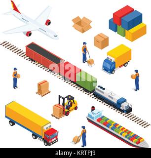 Isometric Logistics composition of different transportation distribution vehicles, delivery elements. Air cargo trucking, rail transportation, maritim Stock Vector