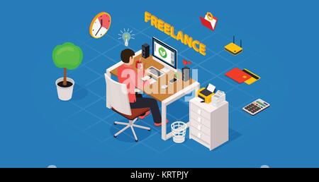Modern flat 3d isometric concept of workplace with computer and office equipment. Vector infographics collection. Stock Vector