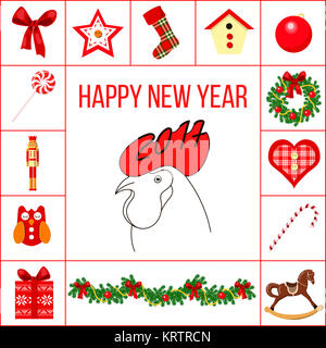 Happy new year and christmas greeting card with different objects in squires Stock Photo