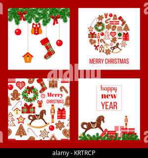 Christmas set. Xmas theme in boarded squares with gingerbread Stock Photo
