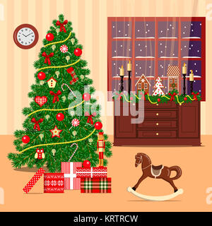 Christmas decorated room with xmas tree, window, toys Stock Photo