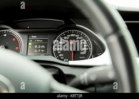 Dashboard with speedometer behind steering wheel inside car Stock Photo ...