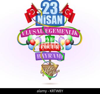 23 Nisan Ulusal Egemenlik ve Cocuk Bayrami Tebrik Karti - April 23 National Sovereignty and Children’s Day. Ornamented greeting card concept on white  Stock Vector