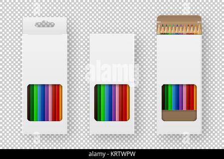 Vector realistic box of colored pencils icon set closeup isolated on white background. Design template, clipart or mockup for graphics - web, app, branding, advertising. Top view Stock Vector