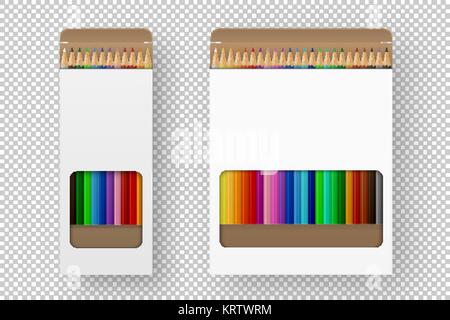 Vector realistic box of colored pencils icon set closeup isolated on white background. Design template, clipart or mockup for graphics - web, app, branding, advertising. Top view Stock Vector
