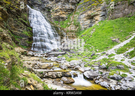 cascada cola de caballo waterfall under monte perdido ordesa valley at aragon huesca pyrenees of spain Stock Photo