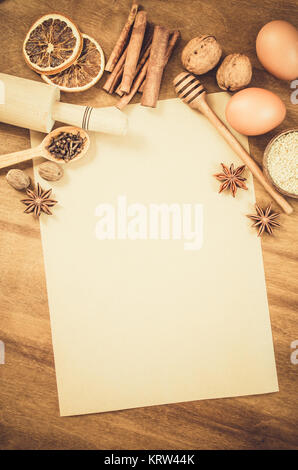 Empty paper for recipe of Christmas baking. Culinary background. Stock Photo