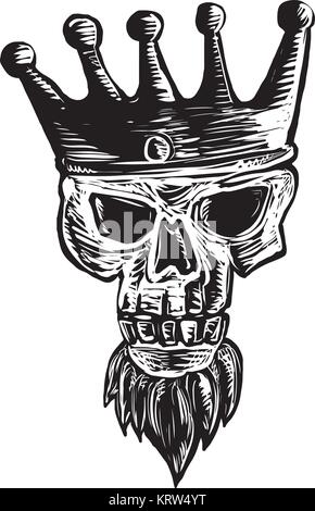 Scratchboard style illustration of a skull of king with beard wearing a crown vierwed from front done on scraperboard on isolated background. Stock Vector