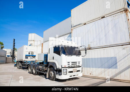 Forklift handling container box loading at docks with truck for Logistic Import Export concept. Stock Photo