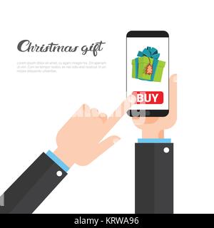 Christmas Gifts Shopping Concept Hand Holding Smart Phone Buying Presents On New Year Online Template Banner With Copy Space Stock Vector