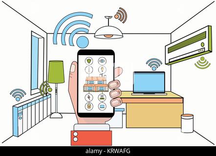 Hand Hold Smartphone With Smart Home Control System Application Over Modern House Interior Background Stock Vector