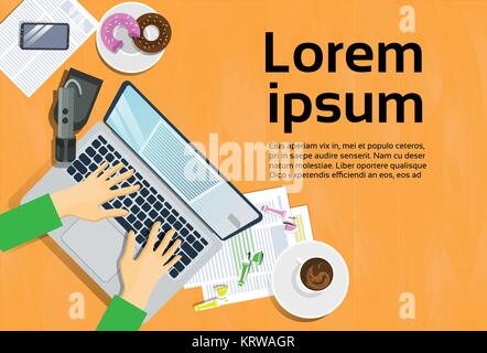 Hands Typing On Laptop Computer, Top View On Desk Smart Phone And Notes On Paper Workplace Concept Stock Vector