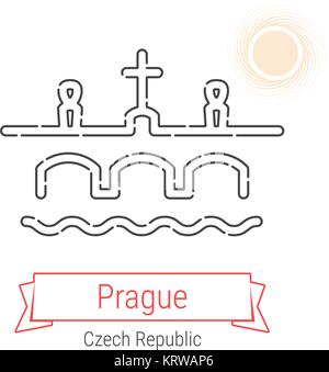Prague, Czech Republic Vector Line Icon with Red Ribbon Isolated on White. Prague Landmark - Emblem - Print - Label - Symbol. Charles Bridge Stock Vector