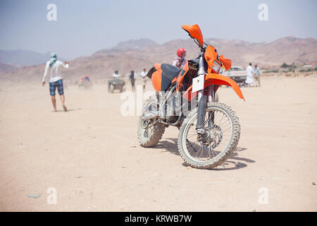 Trip safari with motorcycle in desert Stock Photo