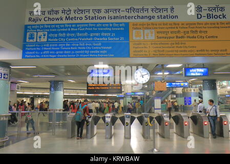 People travel at Rajiv Chowk metro station New Delhi India Stock Photo