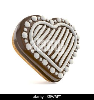 Chocolate Christmas gingerbread heart shape decorated with white lines. 3D Stock Photo