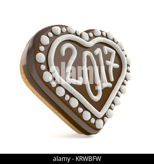 Chocolate Christmas gingerbread heart shape decorated with 2017. 3D Stock Photo