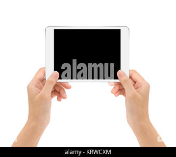 tablet in woman hand isolated on white clipping path inside, mock-up digital tablet Stock Photo