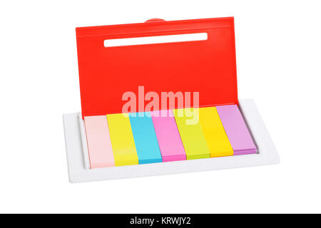Blank Color Sticker Papers in Plastic Case on White Background Stock Photo