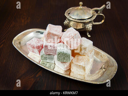 Rose flavoured Turkish delight in traditional silver bowl Stock Photo