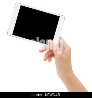 Close-up hand holding mock-ups digital tablet on white background Stock Photo