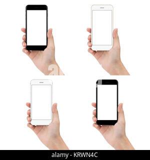 close up hand hold phone isolated on white background, mock-ups new smartphone blank screen Stock Photo