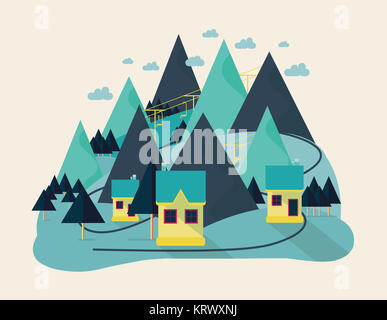 Flat eco design of abstract idyllic village on hills, rural landscape with field, house, forest, river Stock Photo