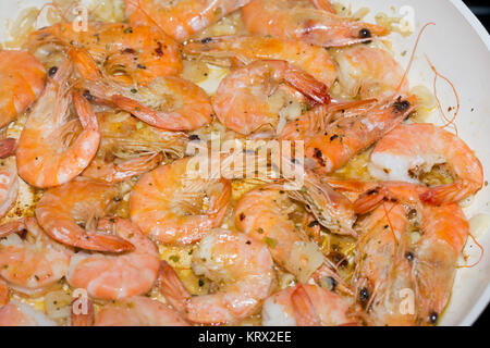 fresh gulf shrimps with garlic fried in olive oil Stock Photo