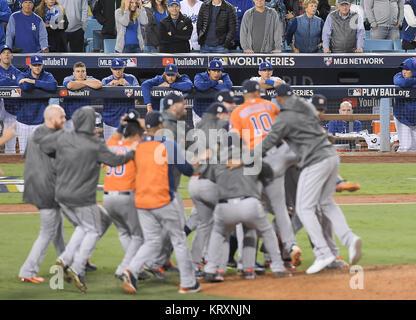 Los Angeles, California, USA. 1st Nov, 2017. Dodgers team group MLB : Los Angeles Dodgers players including Clayton Kershaw (5th L) and Yu Darvish (6th L) watch from the dugout as Houston Astros players celebrate after Game 7 of Major League Baseball's World Series at Dodger Stadium in Los Angeles, California, United States . Credit: AFLO/Alamy Live News Stock Photo
