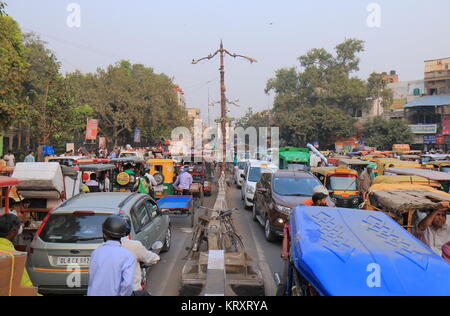 Heavy traffic jam in downtown Old Delhi in India. Stock Photo