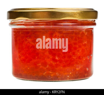 side view of closed glass jar with red caviar Stock Photo