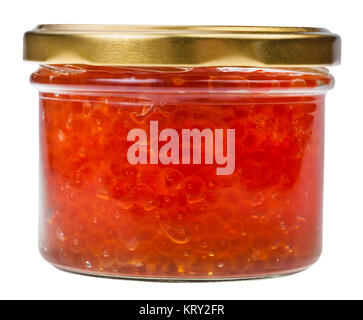 front view of closed glass jar with red caviar Stock Photo