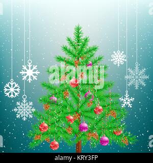 Christmas tree and big hang snowflakes Stock Vector