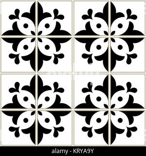 Azulejos tiles pattern - Portuguese navy blue design, seamless vector black and white background, vintage mosaics set Stock Vector