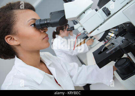 beautiful scientist looking through a microscope Stock Photo