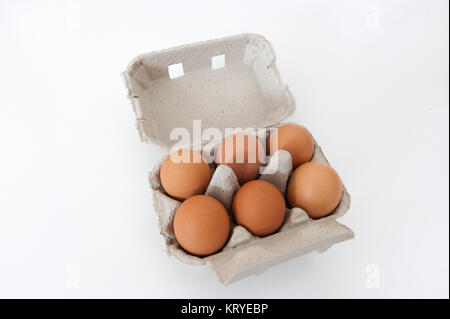 Box of six fresh organic brown chicken eggs in an open recyclable paperboard - moulded pulp - carton, white background Stock Photo