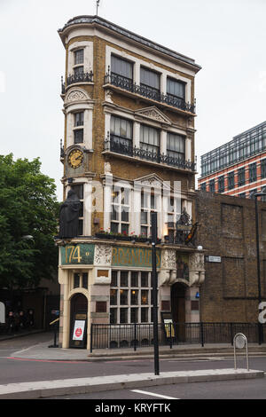 LONDON, UK - JUNE 18, 2013: wedge-shaped art nouveau building of the Black Friar Pub on Queen Victoria Street in Blackfriars, one of London's most fam Stock Photo