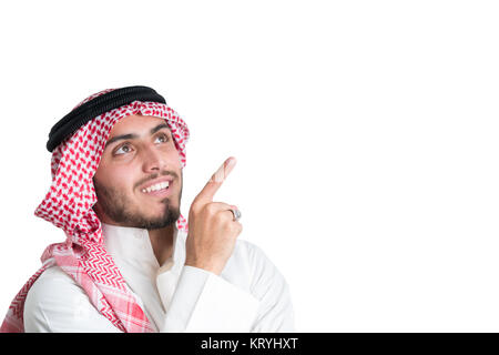 Young arab pointing. concept, isolated Stock Photo