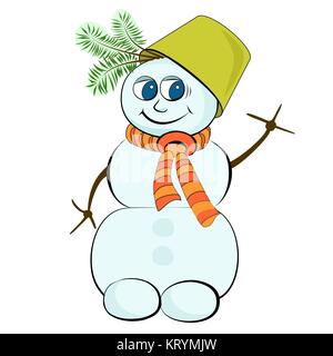 Cheerful snowman with a green bucket on his head Stock Photo