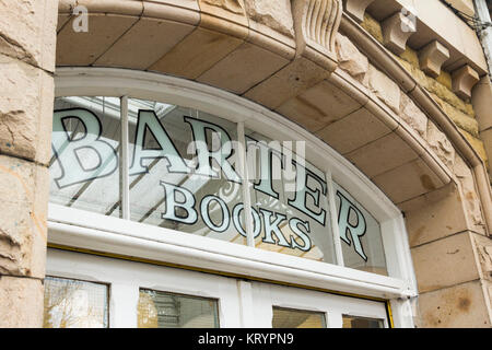Arch window on the frontage of Barter Books, Alnwick. Barter Books is an extensive secondhand book shop, reputed to be one of the largest in Europe. Stock Photo