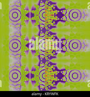 Abstract geometric background. Regular modern concentric circle ornaments in purple shades on lemon lime green, conspicuous and dreamy. Stock Photo