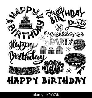 Set of Happy Birthday Hand Drawn Calligraphy Pen Brush Stock Photo