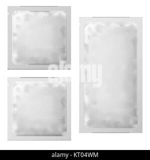 Realistic White Blank sachet template Packaging. Condom Or Foil wet wipes Pouch Medicine packet. Vector illustration. White blank sachet packaging food Stock Vector