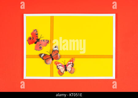 decorative butterflies in a white frame on a colored background Stock Photo