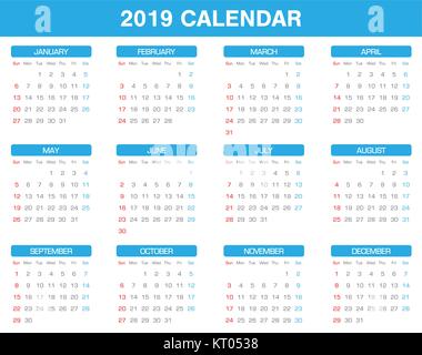 simple 2019 year calendar set of all month Stock Vector