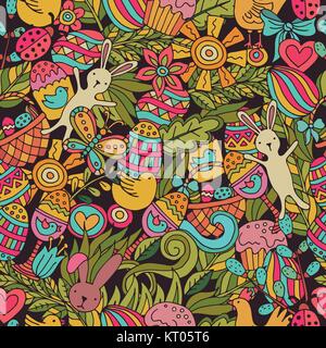 Cartoon vector hand drawn Doodle Happy Easter illustration. Seamless pattern. Stock Vector