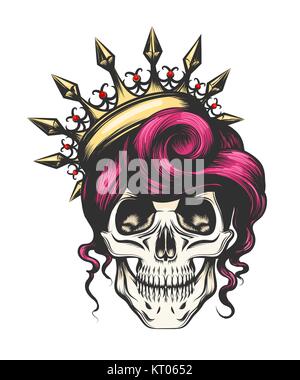 Female skull with a crown and long hair. Queen of death drawn in tattoo style. Vector illustration. Stock Vector