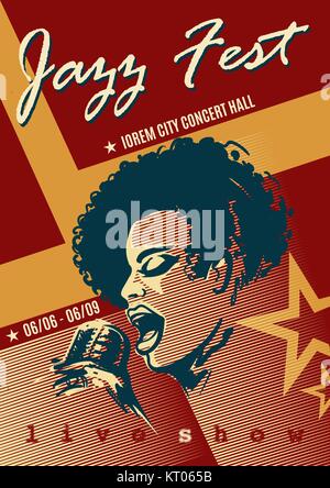 Singing woman with microphone. Jazz festival design template in retro style. Vector illustration. Stock Vector