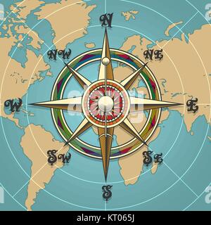 Classic vintage wind compass rose on map background drawn in retro style. Vector illustration. Stock Vector