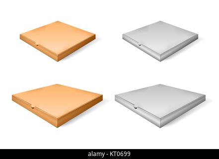 Set of brown cartoon and paper pizza box. Vector illustration of cardboard box. Realistic 3d closed isometric pizza isolated perspective view. Stock Vector